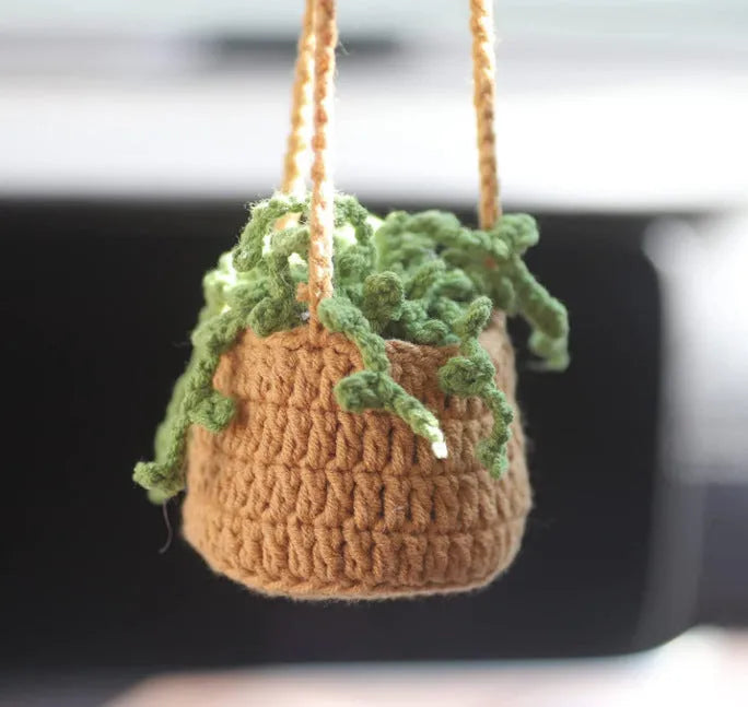 Green and white fishing style car plant decoration with 8cm base and 25cm hanging rope