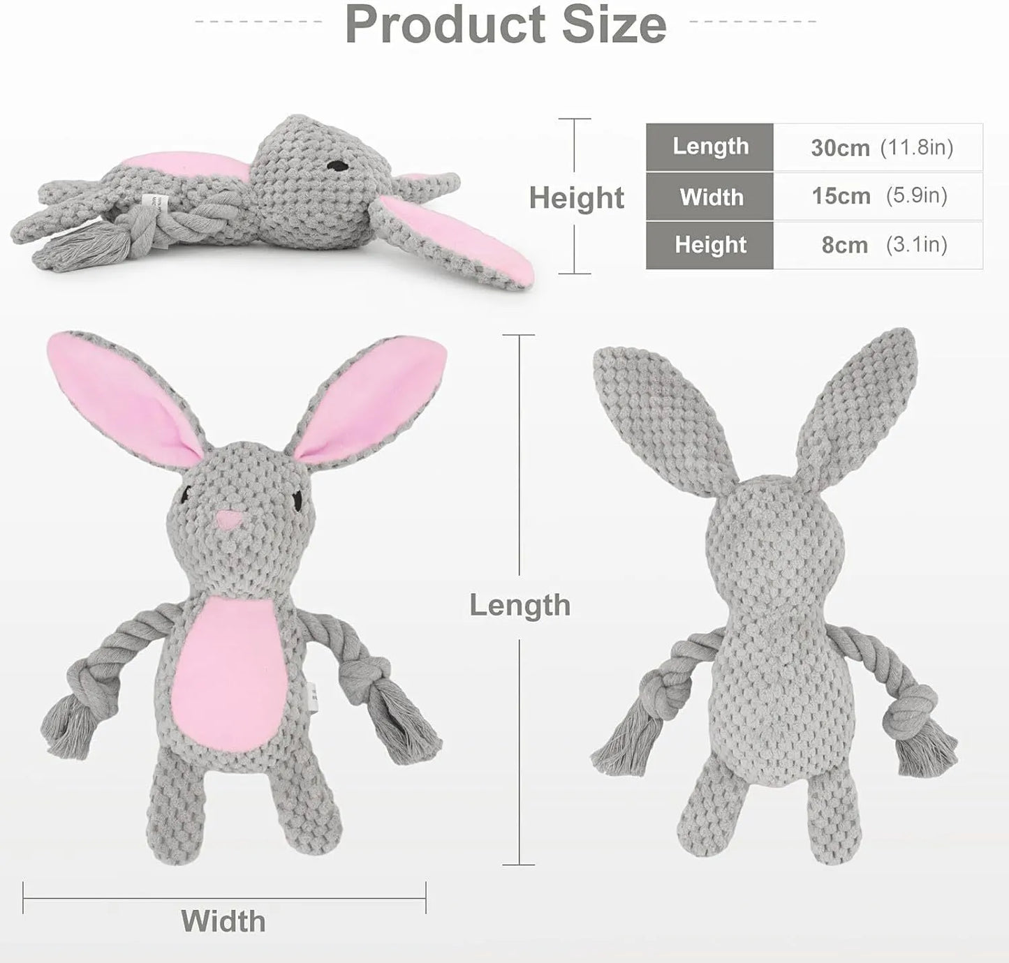 Stuffed animal dog plush toy with cotton rope, shown in elephant, fox, monkey, pig, or rabbit shapes.