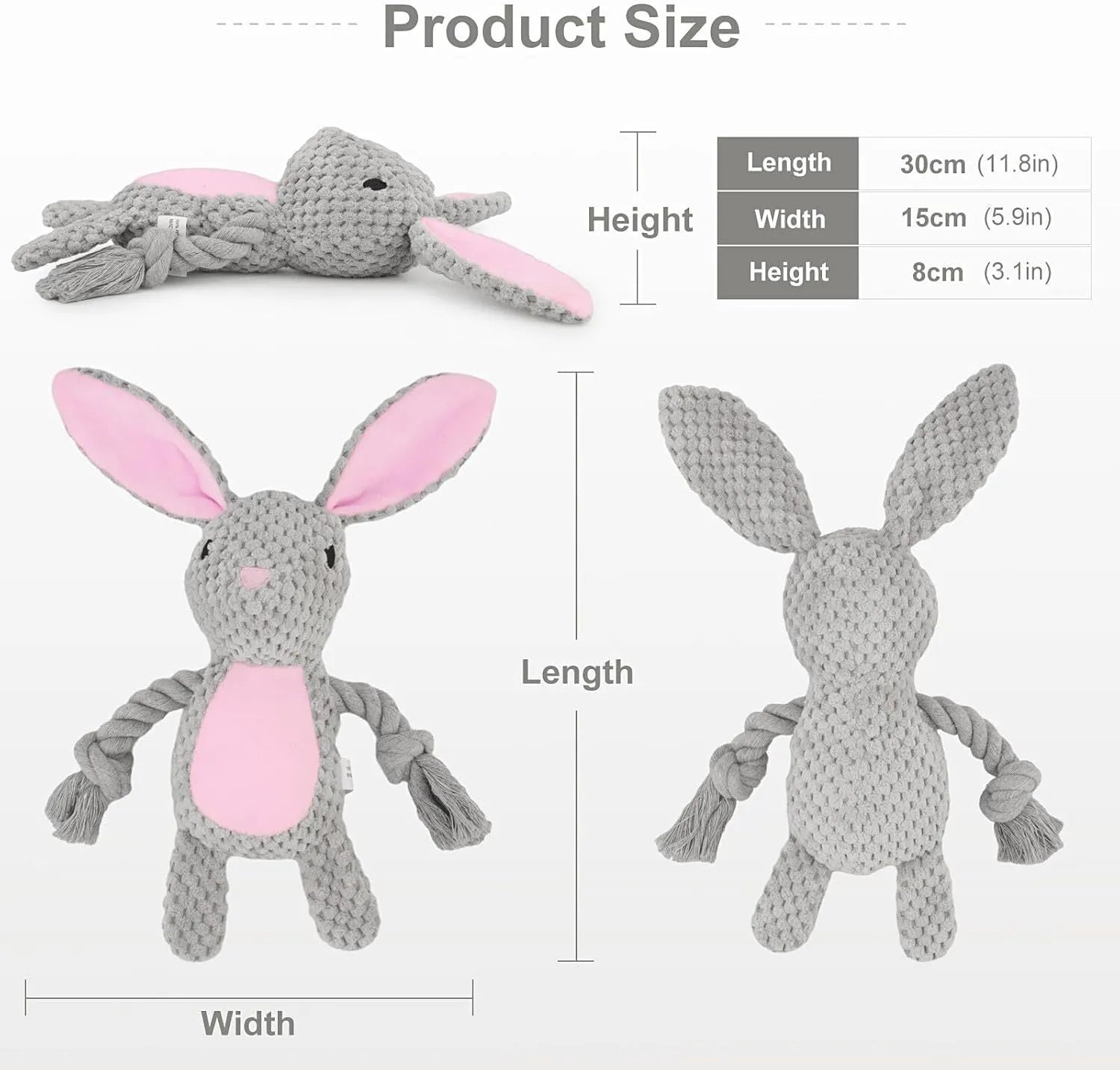 Stuffed animal dog plush toy with cotton rope, shown in elephant, fox, monkey, pig, or rabbit shapes.