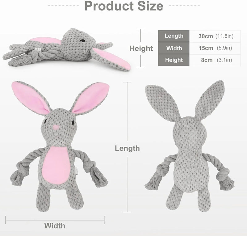 Dog squeaker toys with crinkle paper and stuffed animal plush design for chewing, made from cotton rope to provide interactive play for puppy, small, and middle-sized dogs, available as elephant, fox, monkey, pig, or rabbit animal shapes.