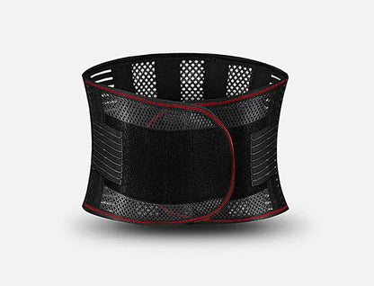Black sports waist support belt with steel plate for adult lumbar decompression during fitness and sports.