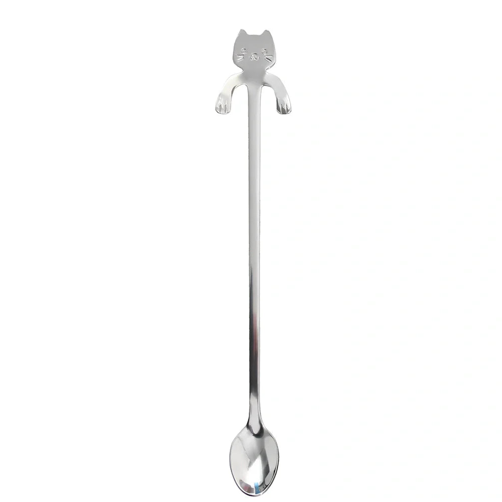Stainless steel coffee spoon with cartoon cat handle showing hanging hole and smooth edges
