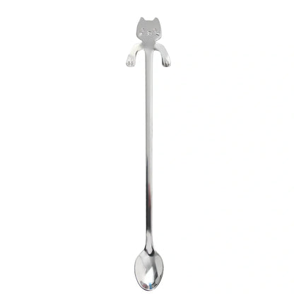 Stainless steel coffee spoon with cartoon cat handle showing hanging hole and smooth edges
