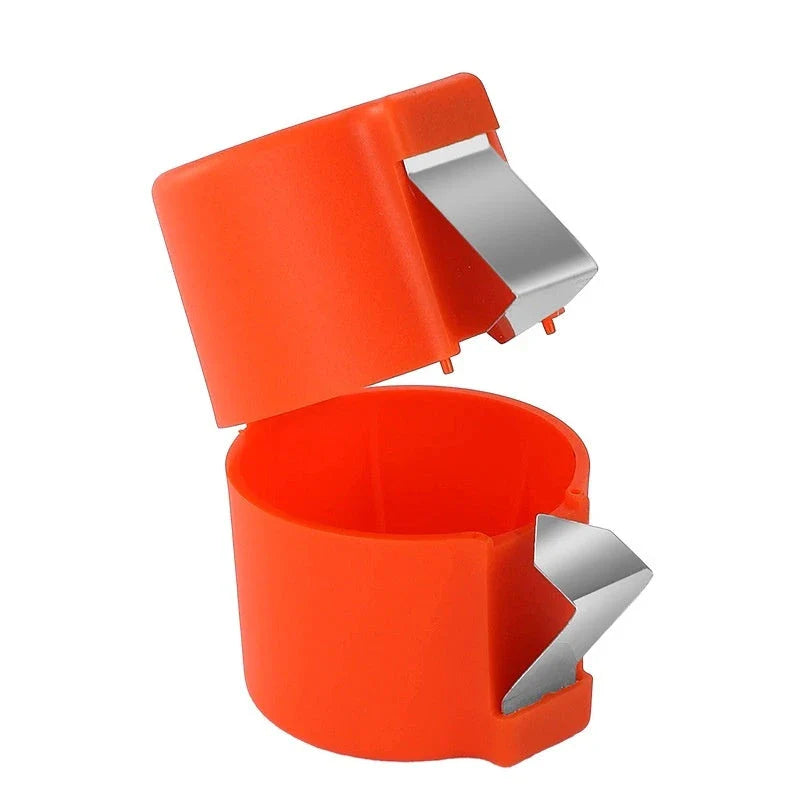 Premium egg cracker and separator made of stainless steel and plastic, available in various colors, used for effortless egg preparation in the kitchen