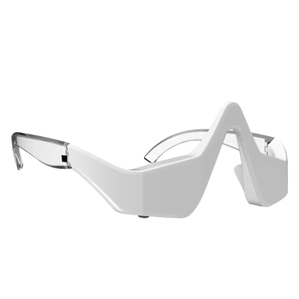 3D Eye Beauty Instrument micro-current massager in pink or white, showing glasses-like design and one-button control for eye relaxation