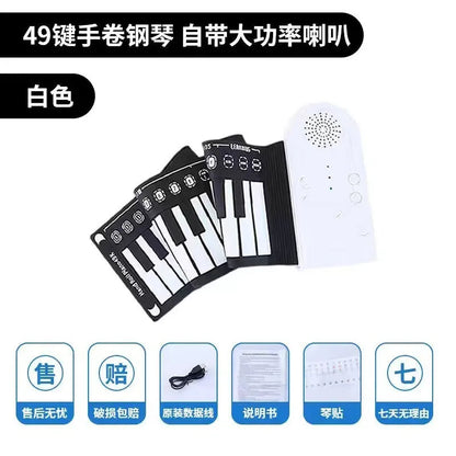 49-key portable folding electronic keyboard in gloss black, showing hand-roll design and compact 28cm size