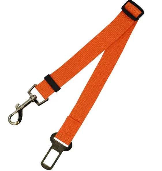 Adjustable dog seat belt with secure clip and buckle for attaching to pet harness and vehicle seatbelt