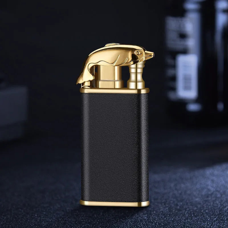 Metal windproof lighter with double flame and dragon design, showing flame from mouth.