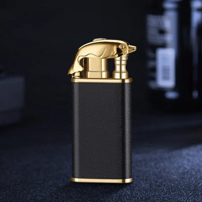 Metal windproof lighter with double flame and dragon design, showing flame from mouth.
