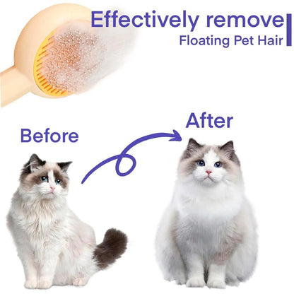 Blue and yellow pet grooming brush with self-cleaning button and angled metal pins for deshedding cats and dogs