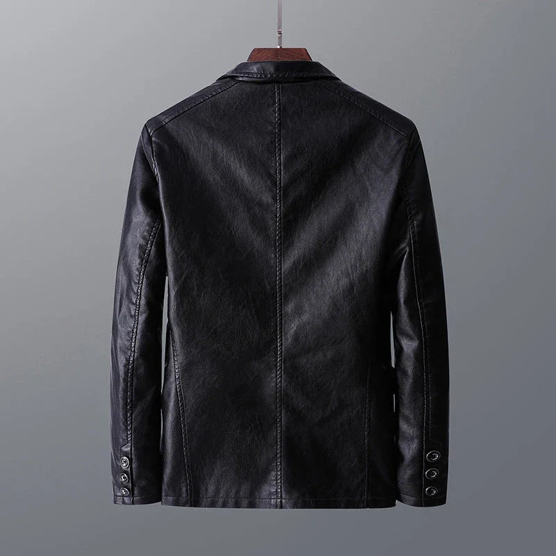 Premium leather jacket for men in orange, red, and black colors with a classic collar, studded lapels, and quilted sleeves