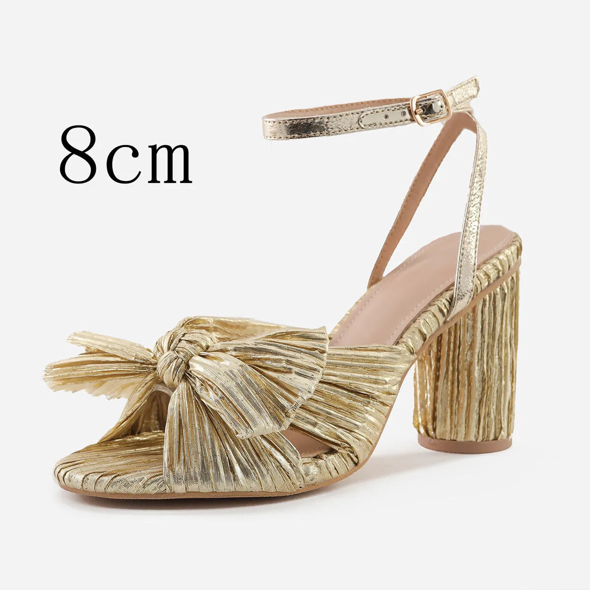 Satin bowknot fish mouth high heel sandals with thick heel and buckle fastening in black