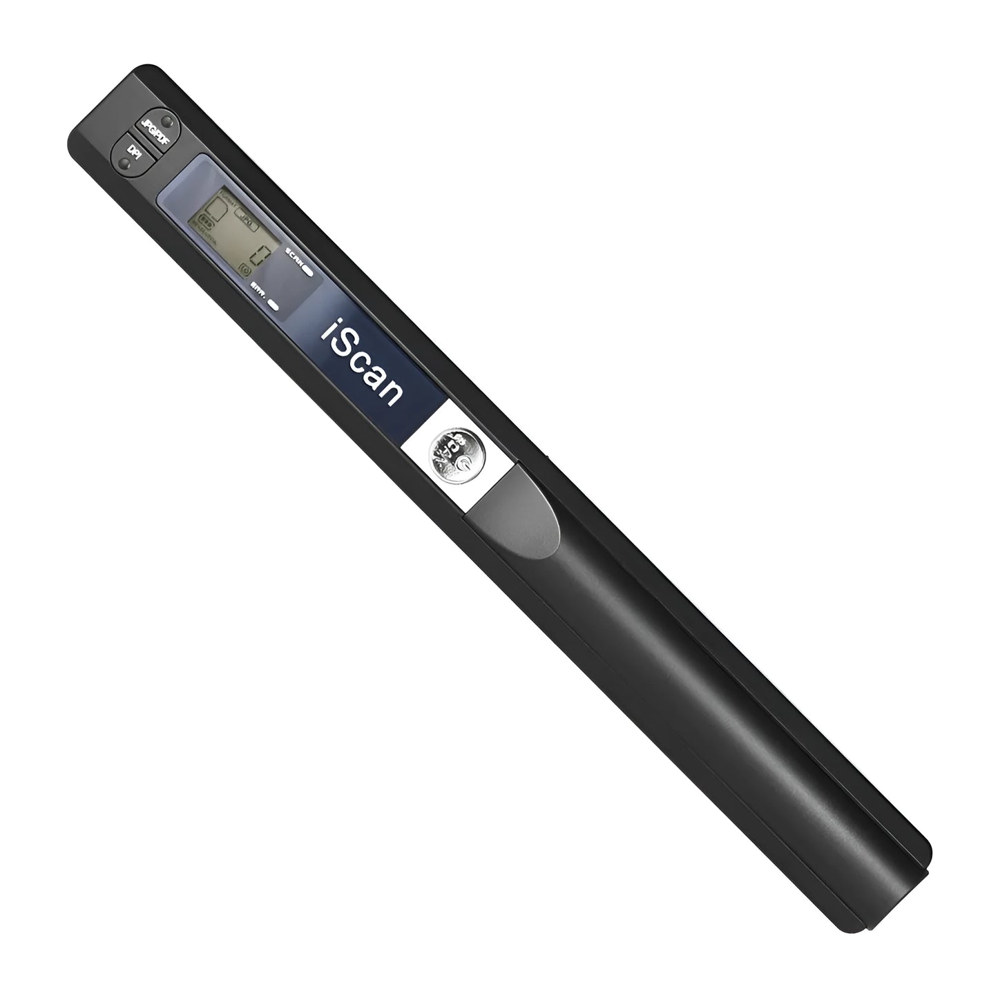 Handheld plastic scanner shown in one of five colour options: black, blue, green, red, or silver.
