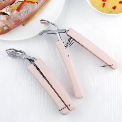 Stainless steel baking tray holder with widened handle and rubber-coated clamps