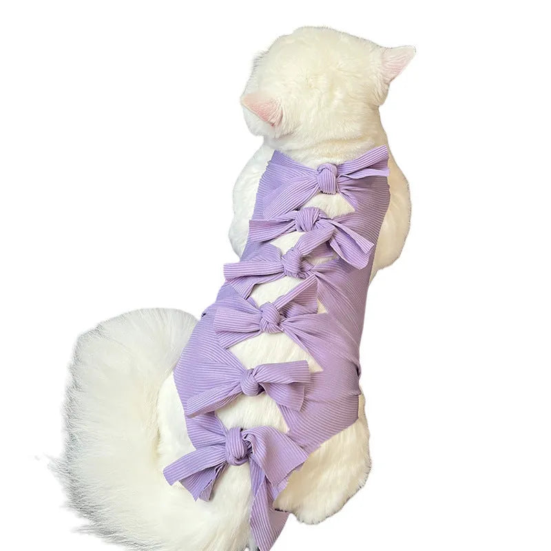 Lace-up cat sterilisation clothing in blue colour showing adjustable closure and polyester fabric texture
