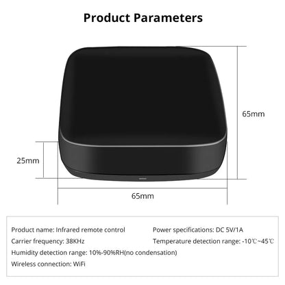 Black universal infrared remote control device with voice control and WiFi connectivity features