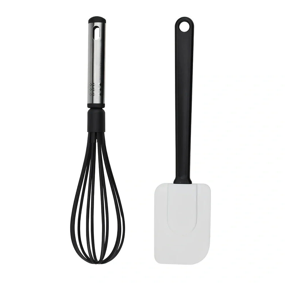 25-piece kitchen utensil set with hanging holes, silicone heads and stainless steel handles organised vertically