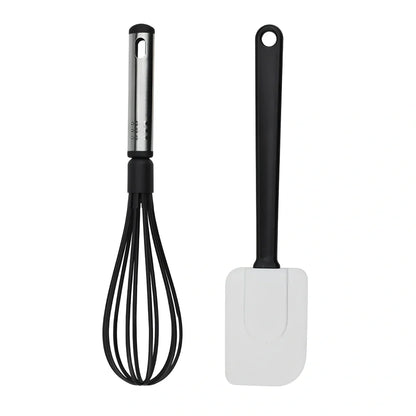 25-piece kitchen utensil set with hanging holes, silicone heads and stainless steel handles organised vertically