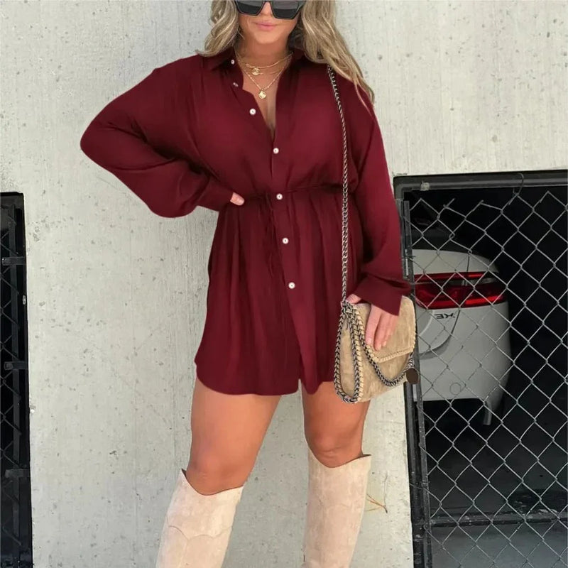 Stylish Long Sleeve Jumpsuit with Button-up Shirt Dress