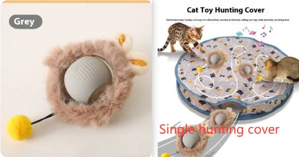 Silicone rolling ball cat toy showing red, green, and grey colour options with self-hi motion mechanism