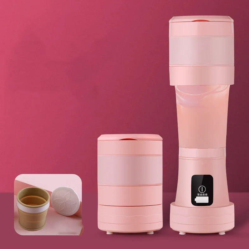 Blue or pink 450ml portable blender with folding design, stainless steel blades, and USB charging port