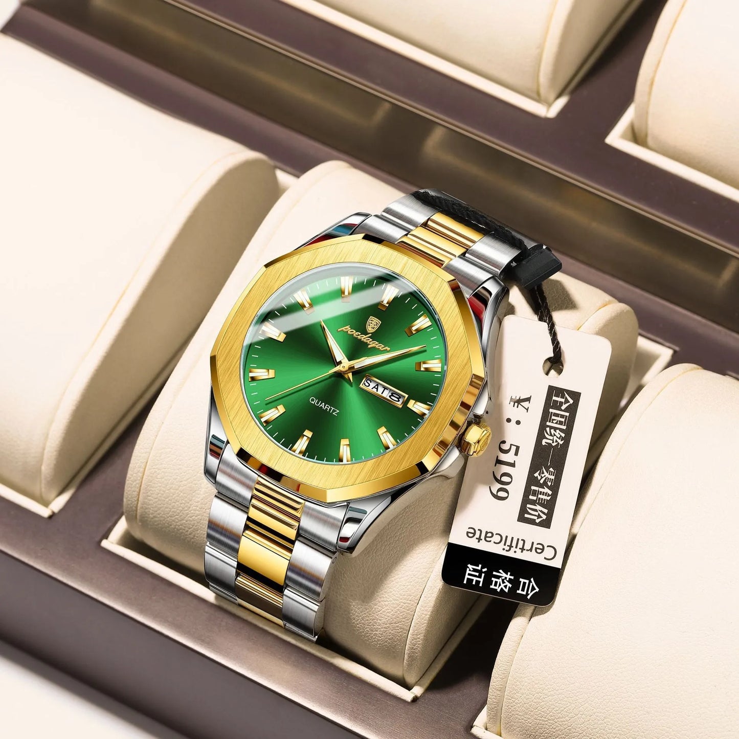 Men's steel strap quartz watch with 9mm thick case in a business style, showing colour options.