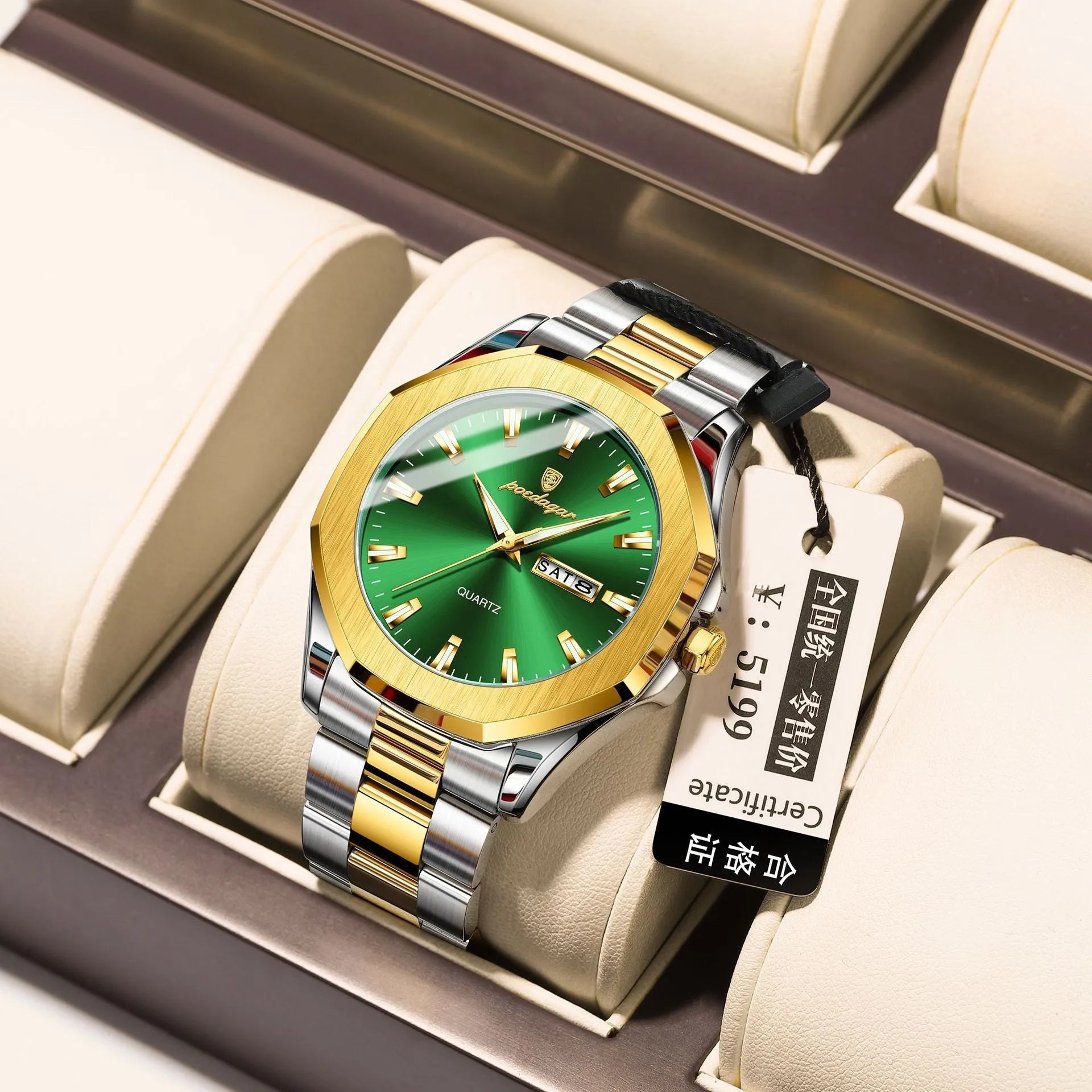 Men's steel strap quartz watch with 9mm thick case in a business style, showing colour options.