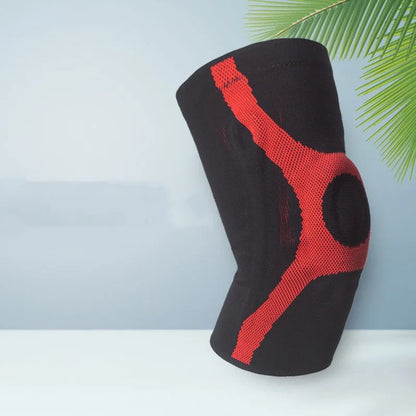 Knitted sports knee pads with silicone grip in red and grey colours for running climbing protection