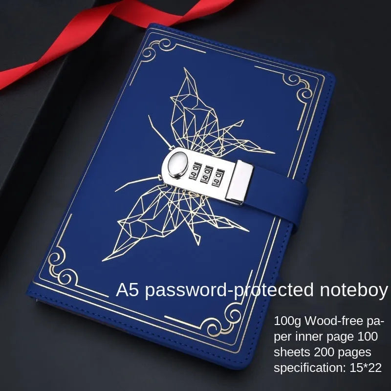 Retro PU notebook with password lock, butterfly codebook design, 15 x 22 cm cover, available in four colours
