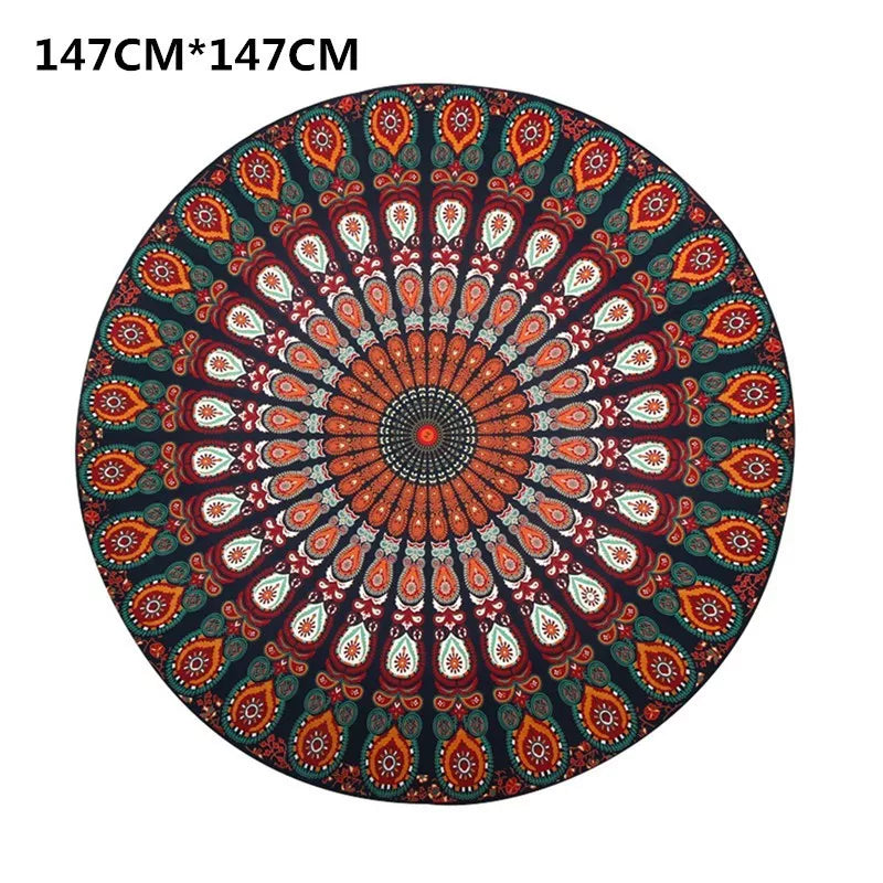Printed round beach towels and yoga mat set for outdoor relaxation and exercise