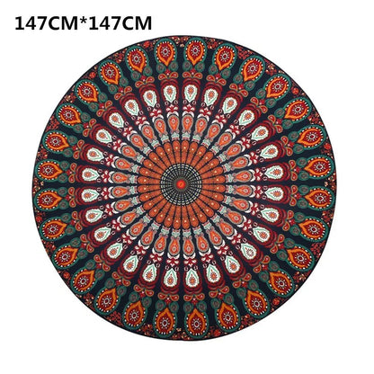Printed round beach towels and yoga mat set for outdoor relaxation and exercise