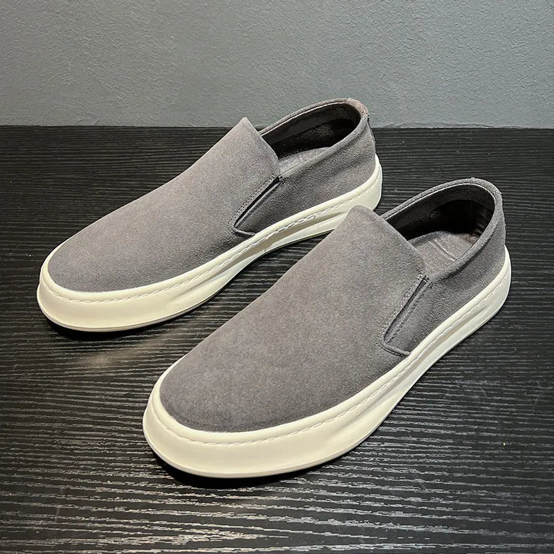 Men's grey and apricot casual shoes with mid heel, round toe, and sleeve-on design