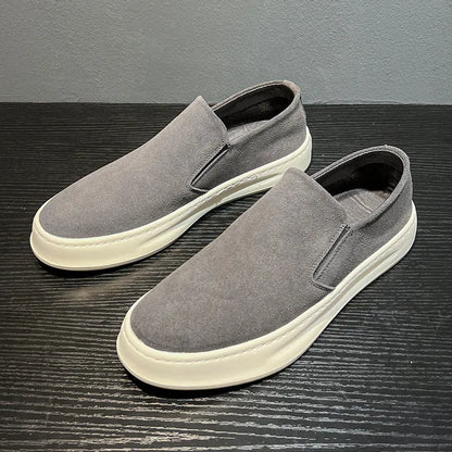 Men's grey and apricot casual shoes with mid heel, round toe, and sleeve-on design