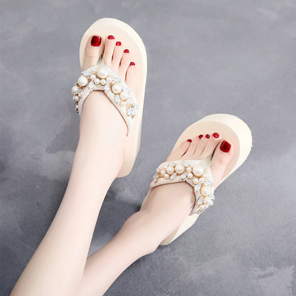 Women's high-heeled flip-flops with cotton cloth upper in beige and black colour options