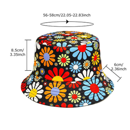 Flower print polyester bucket sun hat with dome crown in size M for 56-58cm head circumference