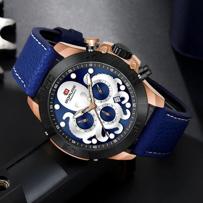 Octopus men's waterproof quartz watch with luminous display in blue or black colour options