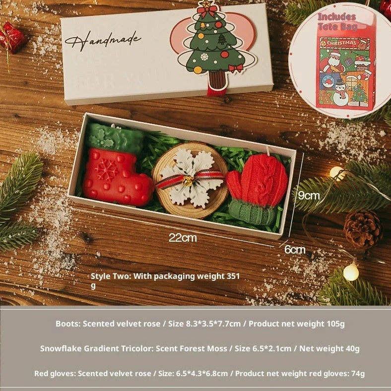 Handmade Christmas scented candle gift set with 9 designs, wooden display pad, and handbag