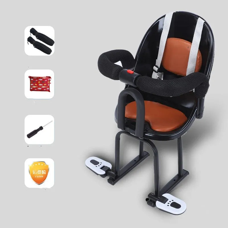 Front-mounted child seat for adult kick scooter in red, showing high-carbon steel frame and secure deck mounting points.