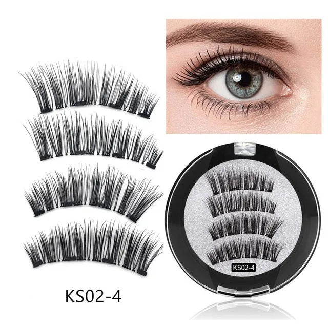 Four magnet false eyelashes in imported fibre with hand made construction and optional eyelash curler