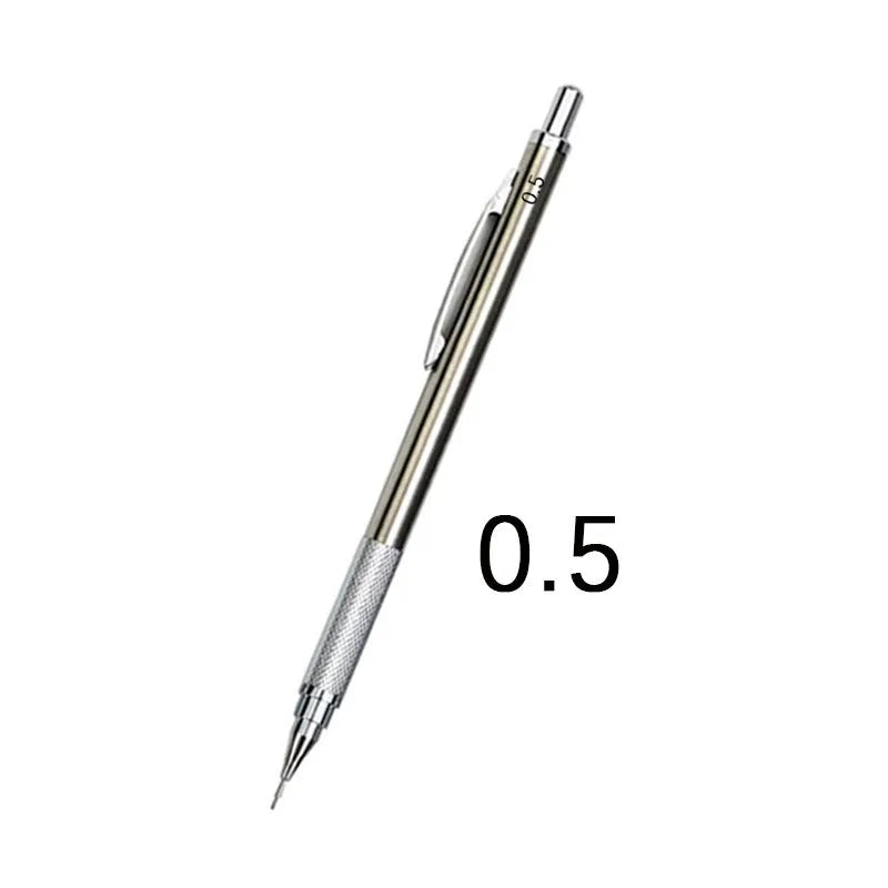 Metal automatic mechanical pencil showing multiple lead diameter options including 0.5 mm, 0.7 mm, 0.9 mm, 1.3 mm, and 2.0 mm