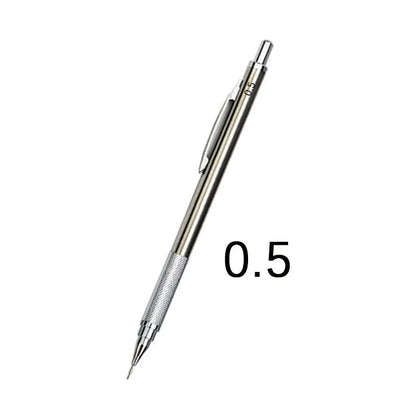 Metal automatic mechanical pencil showing multiple lead diameter options including 0.5 mm, 0.7 mm, 0.9 mm, 1.3 mm, and 2.0 mm