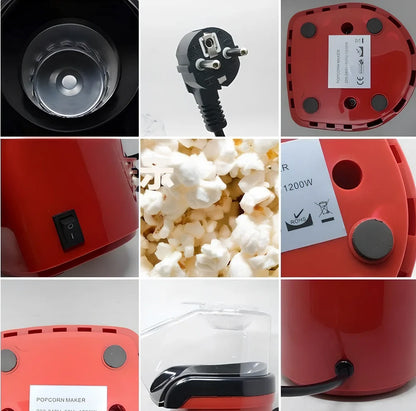 Red compact popcorn machine with aluminium cooking chamber and 1200W power rating for home use