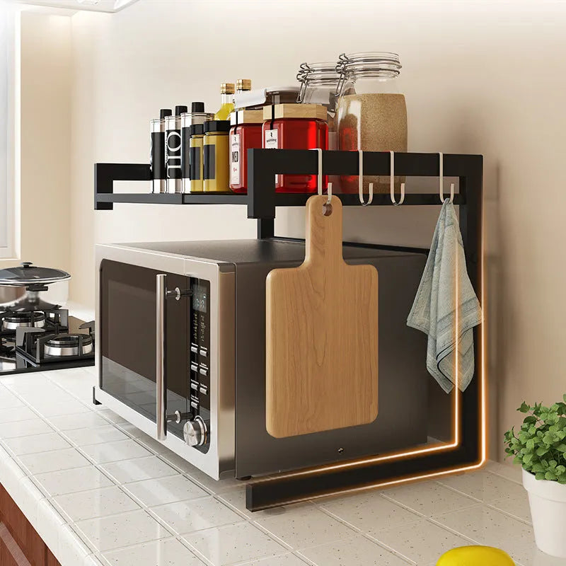 Retractable metal kitchen microwave rack with 2-layer shelf design for countertop organisation