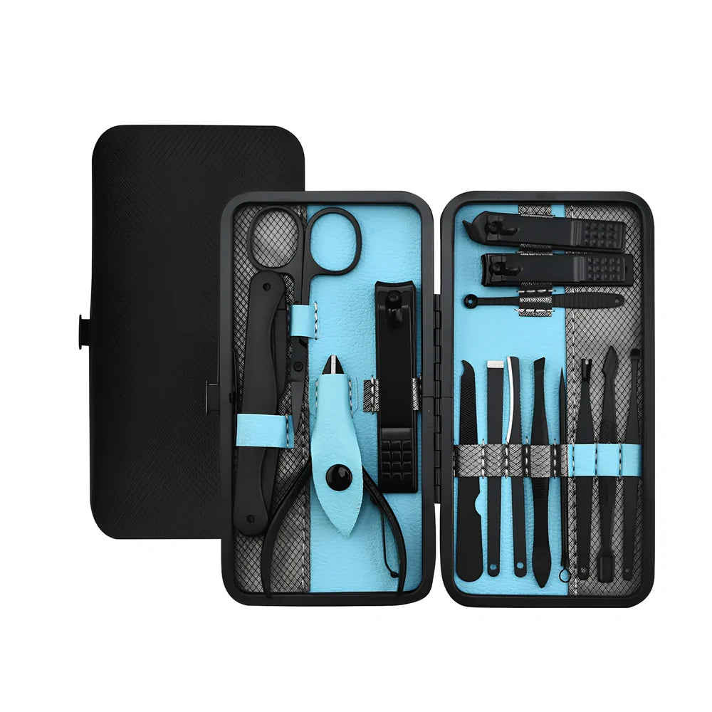 Beauty and manicure nail care kit with stainless steel tools in PU leather case showing multiple grooming implements