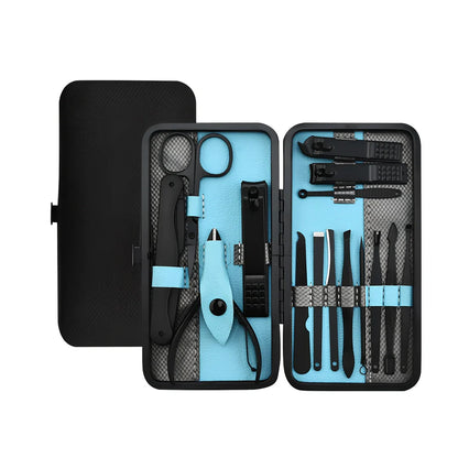 Beauty and manicure nail care kit with stainless steel tools in PU leather case showing multiple grooming implements
