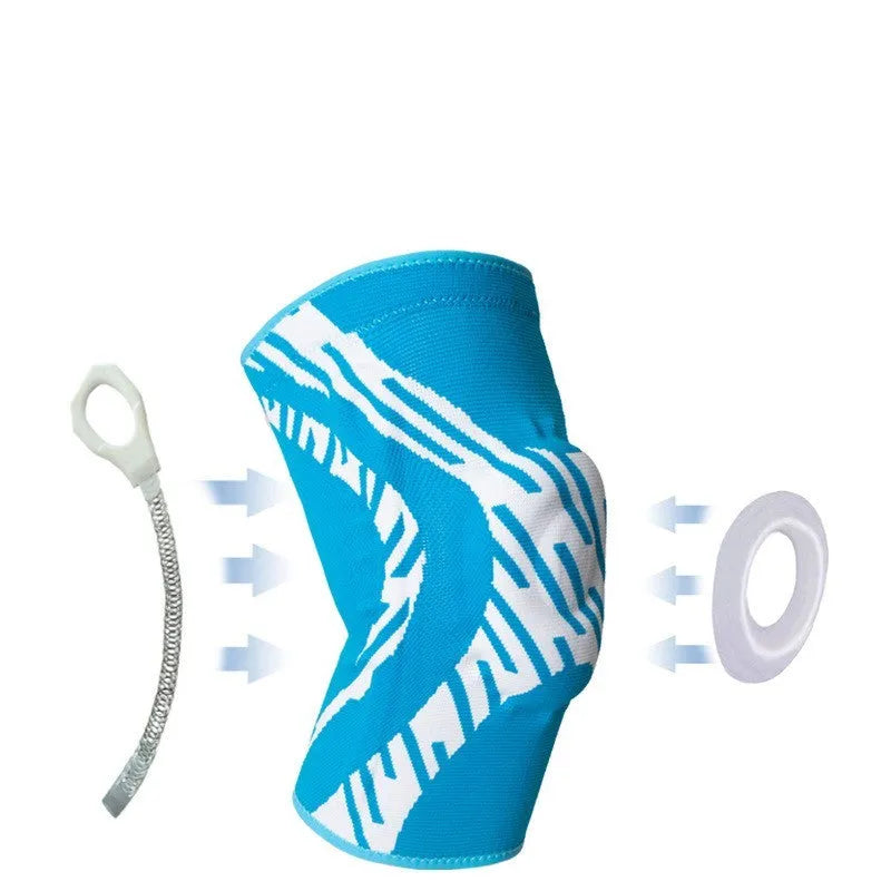 Black nylon basketball knee pads with adjustable straps shown on a knee