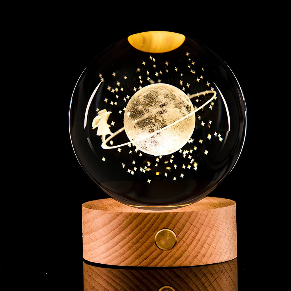 Luminous Galaxy Crystal Ball with 3D laser inner carving showing celestial patterns and gradient lighting