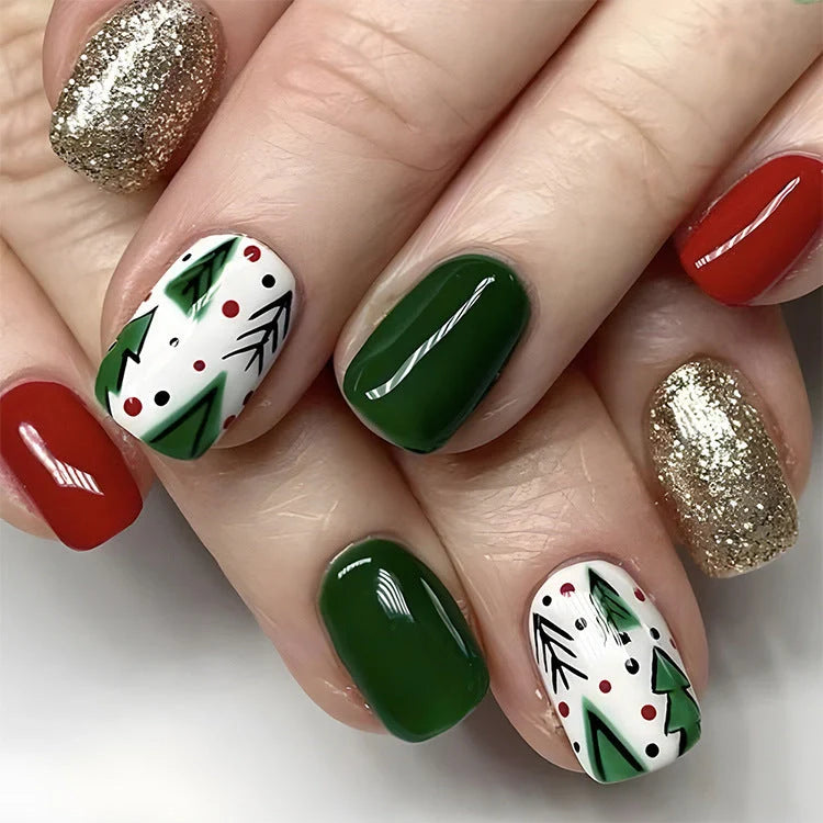 24pcs Christmas false nails with hat striped snowflake design for festive holiday wear