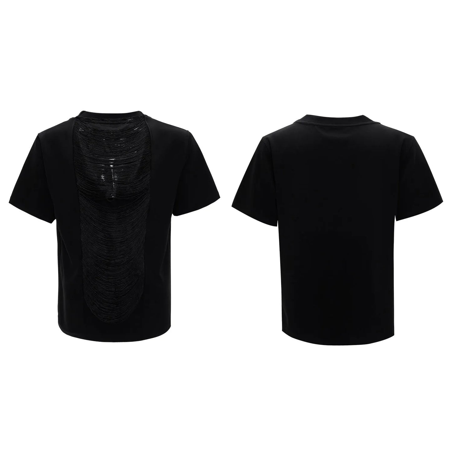Man's black loose fit t-shirt with a hollow out V-neck design and short sleeves.