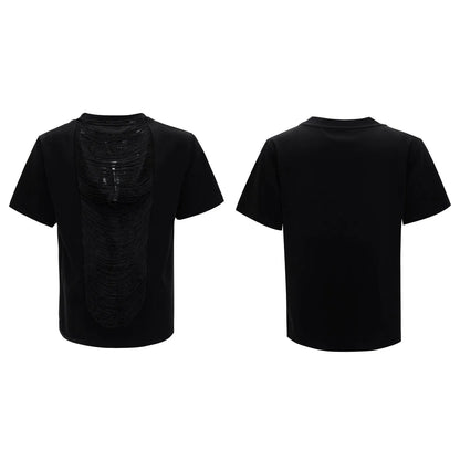Man's black loose fit t-shirt with a hollow out V-neck design and short sleeves.